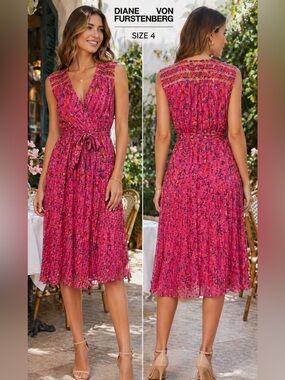 Diane Von Furstenberg Silk Floral Wrap Dress Size 4 Pink Sleeveless boho guest